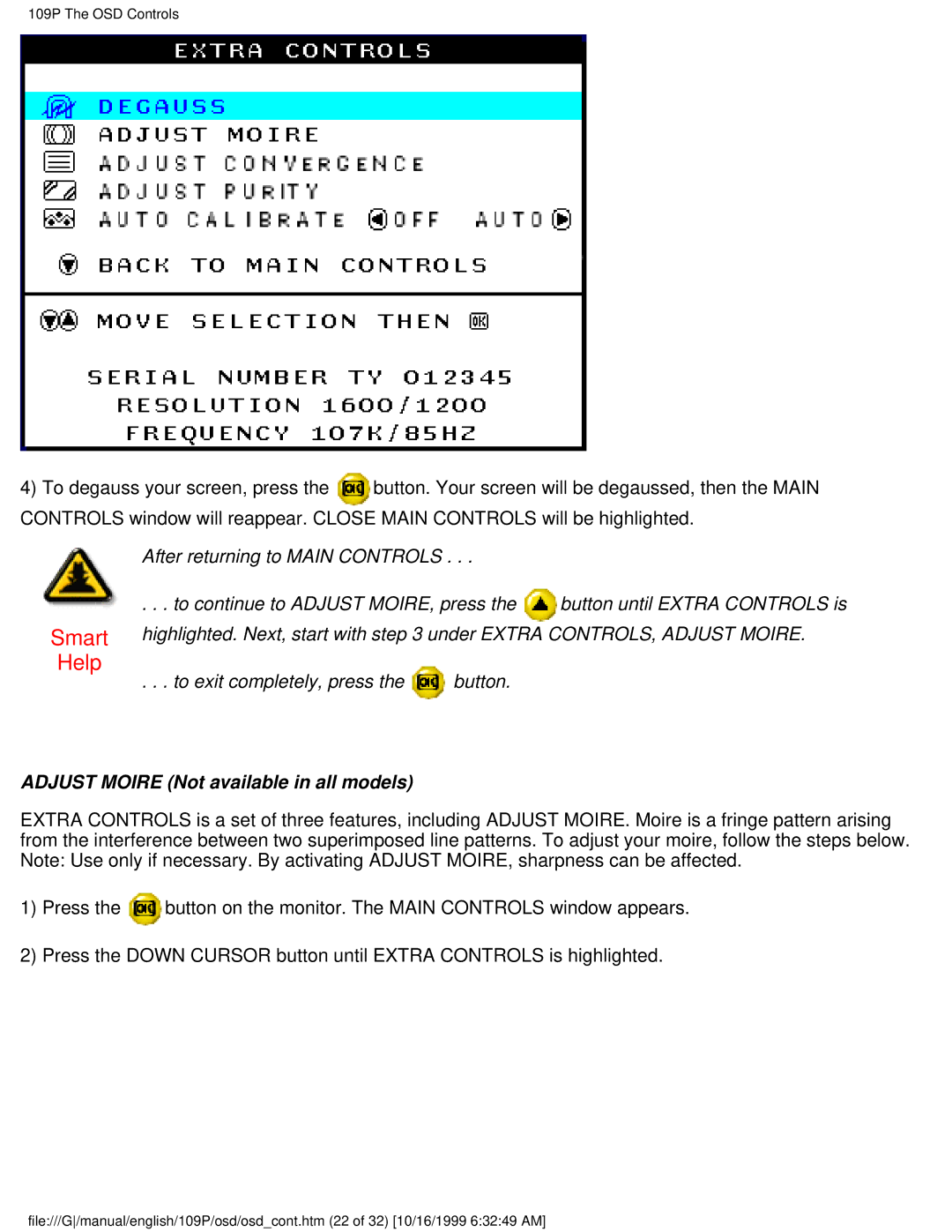 Philips 109P user manual Adjust Moire Not available in all models 