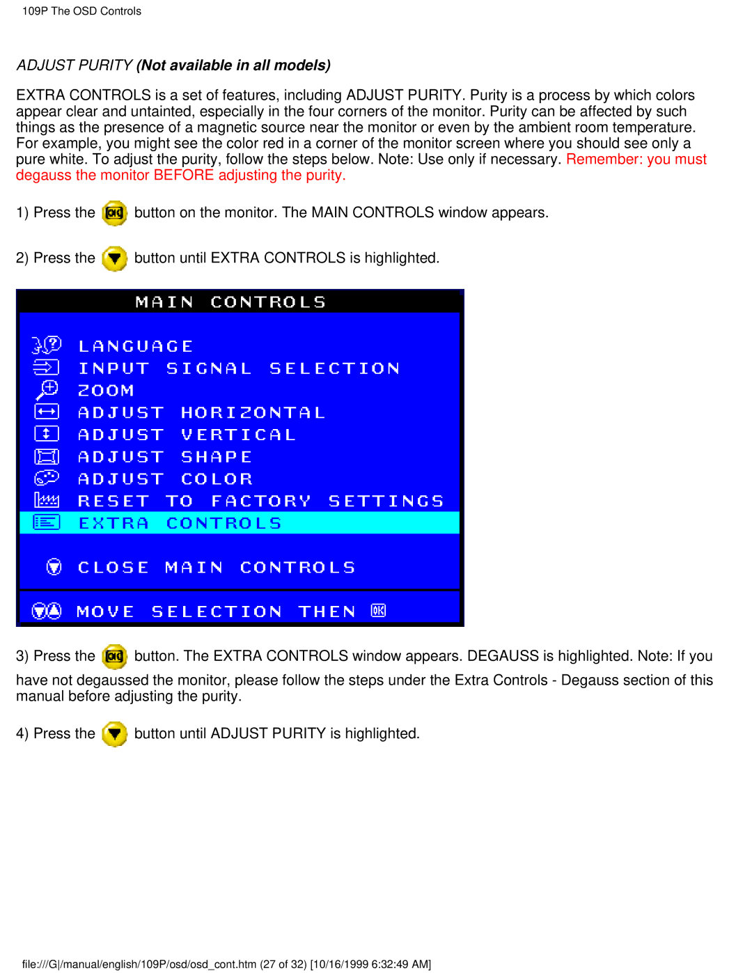 Philips 109P user manual Adjust Purity Not available in all models 