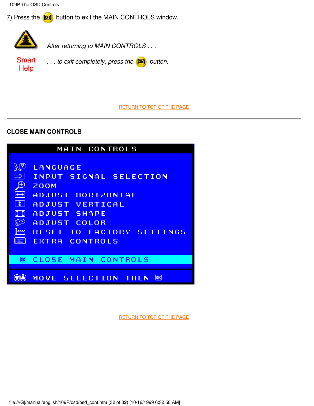 Philips 109P user manual Close Main Controls 