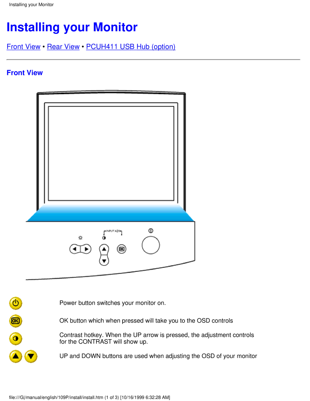 Philips 109P user manual Installing your Monitor, Front View 