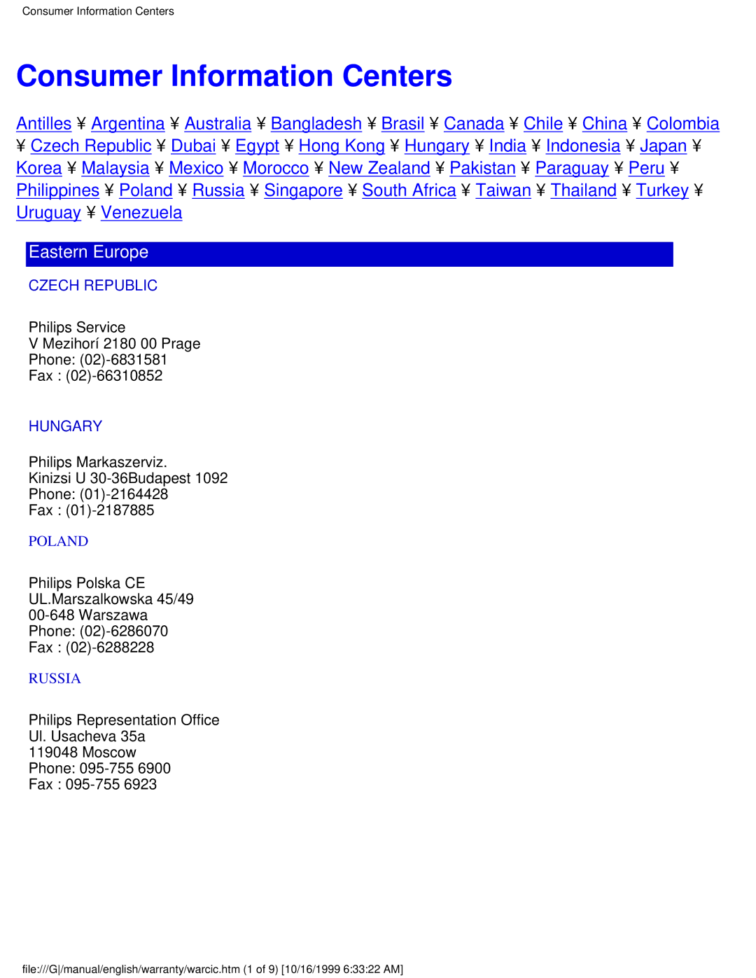 Philips 109P user manual Consumer Information Centers, Czech Republic, Hungary 