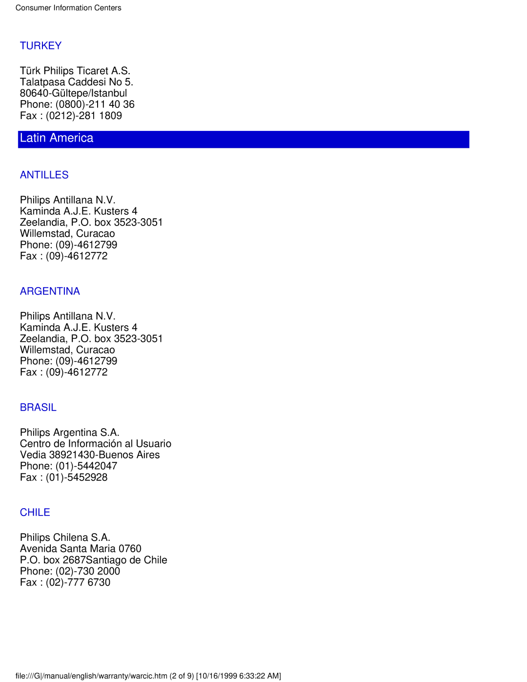 Philips 109P user manual Turkey, Antilles, Argentina, Brasil, Chile 