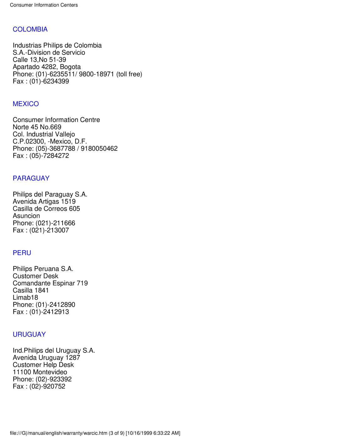 Philips 109P user manual Colombia, Mexico, Paraguay, Peru, Uruguay 