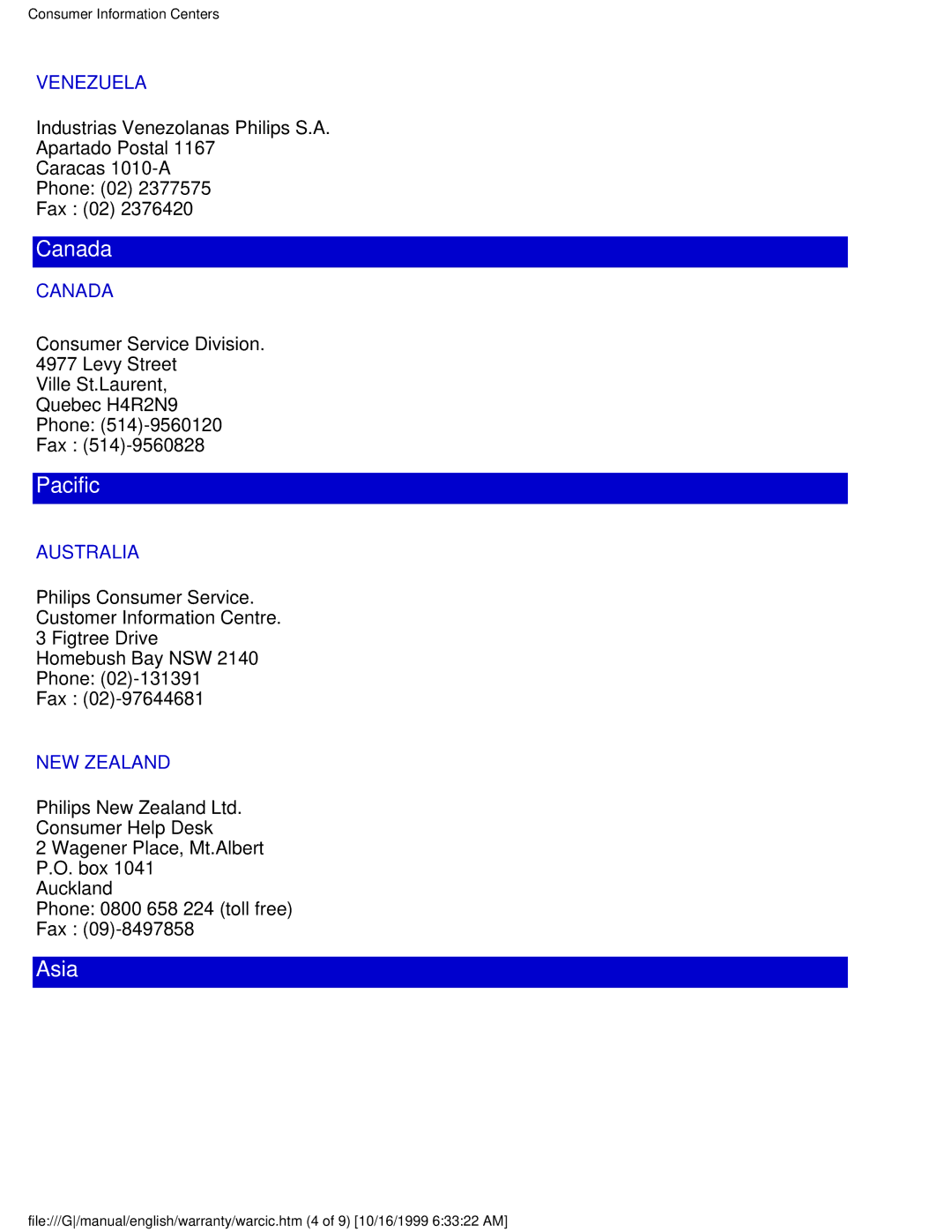 Philips 109P user manual Venezuela, Canada, Australia, NEW Zealand 