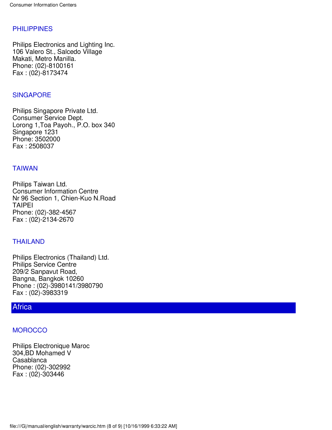 Philips 109P user manual Philippines, Singapore, Taiwan, Thailand, Morocco 