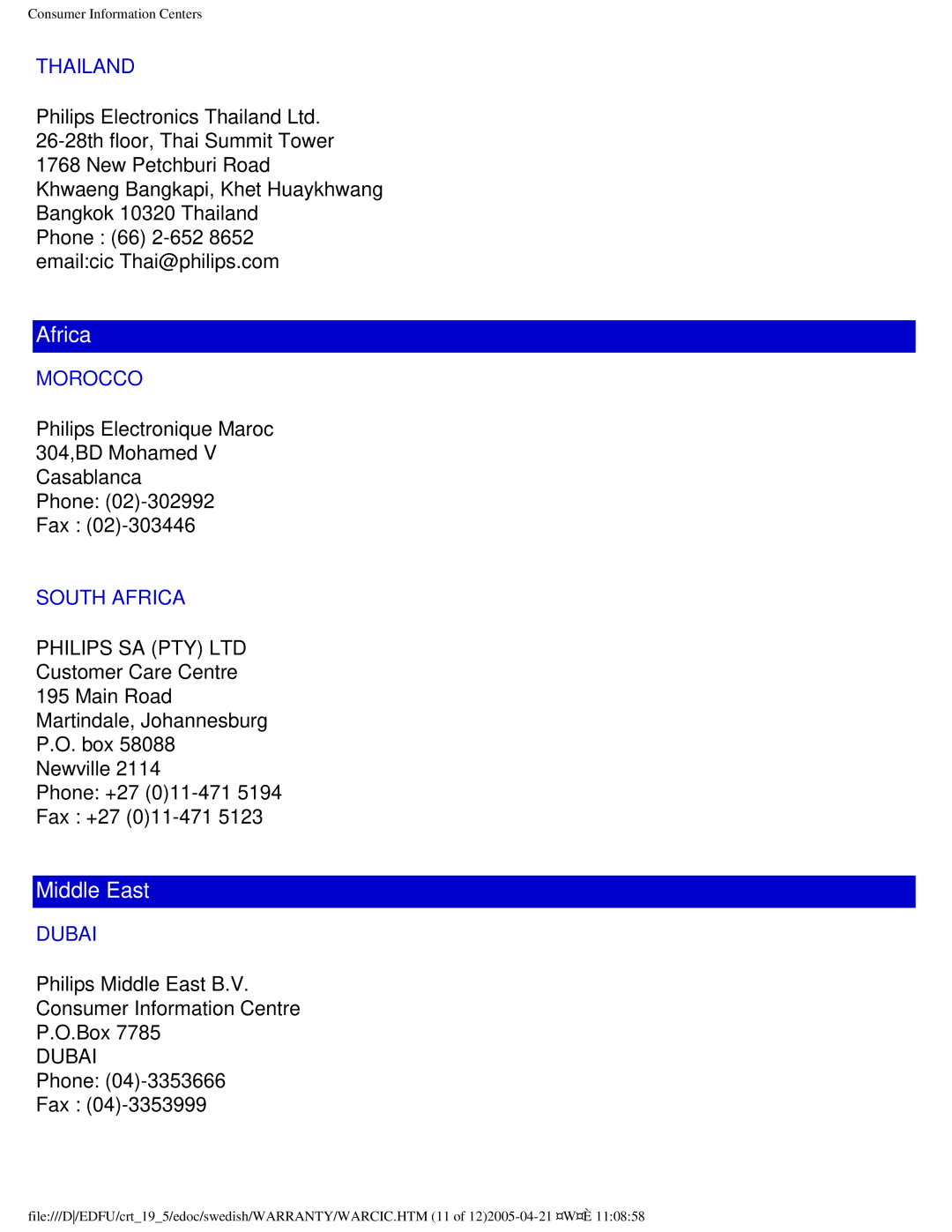 Philips 109P40 user manual Africa 