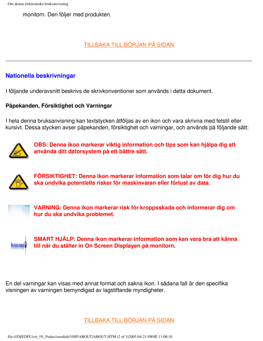 Philips 109P40 user manual Nationella beskrivningar, Påpekanden, Försiktighet och Varningar 