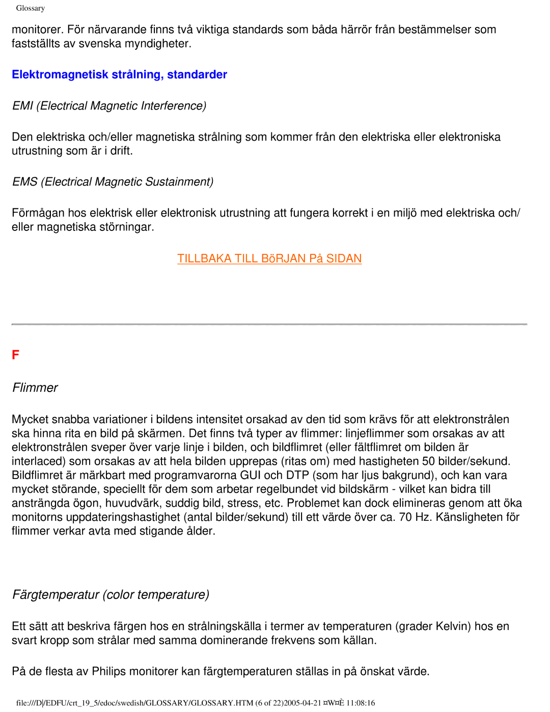 Philips 109P40 user manual Flimmer, Färgtemperatur color temperature, Elektromagnetisk strålning, standarder 