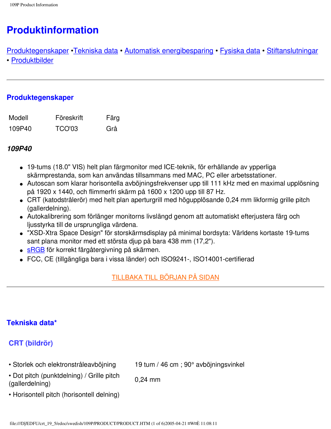 Philips 109P40 user manual Produktinformation 