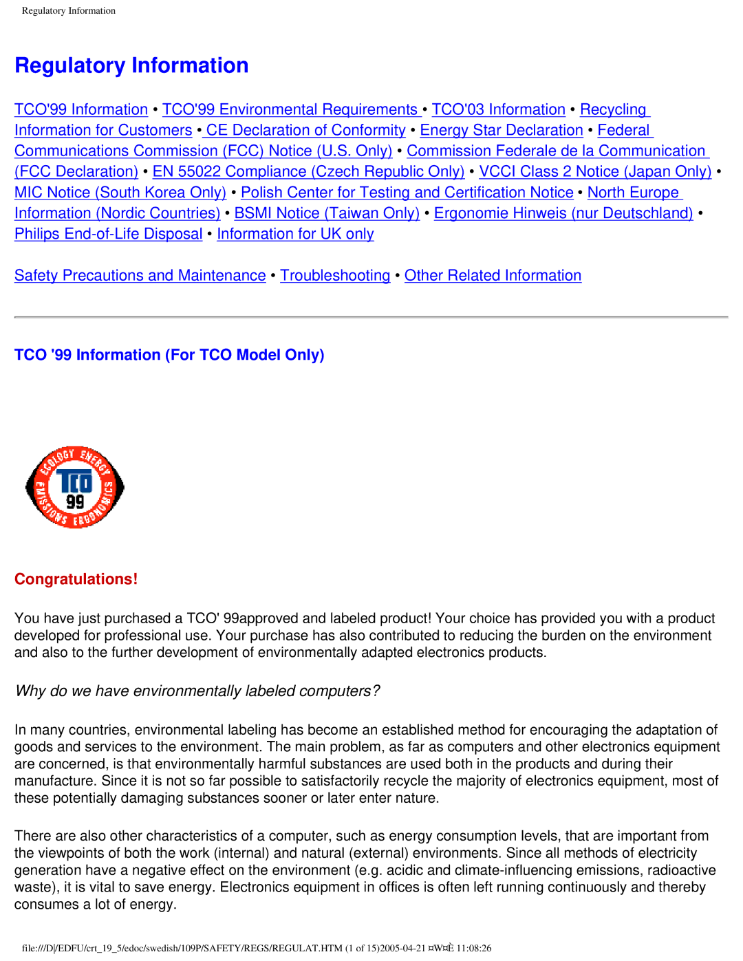 Philips 109P40 user manual Regulatory Information, TCO 99 Information For TCO Model Only 