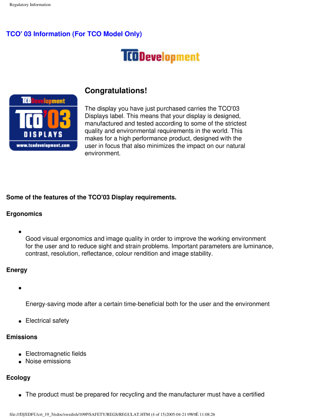 Philips 109P40 user manual Congratulations, TCO 03 Information For TCO Model Only 