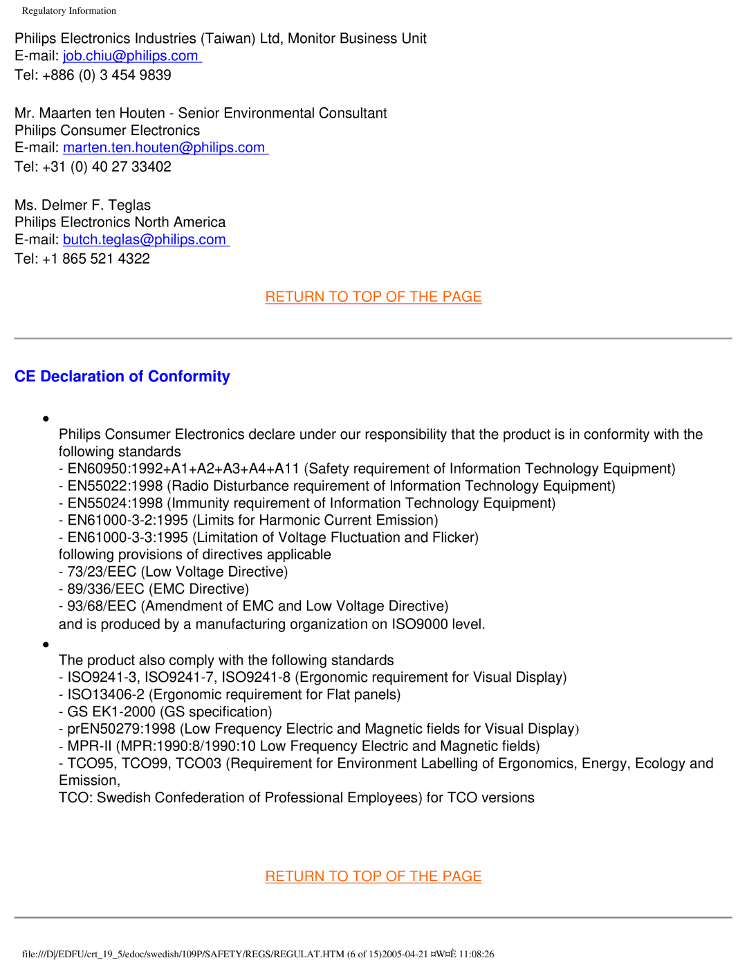 Philips 109P40 user manual CE Declaration of Conformity, Mailjob.chiu@philips.com 