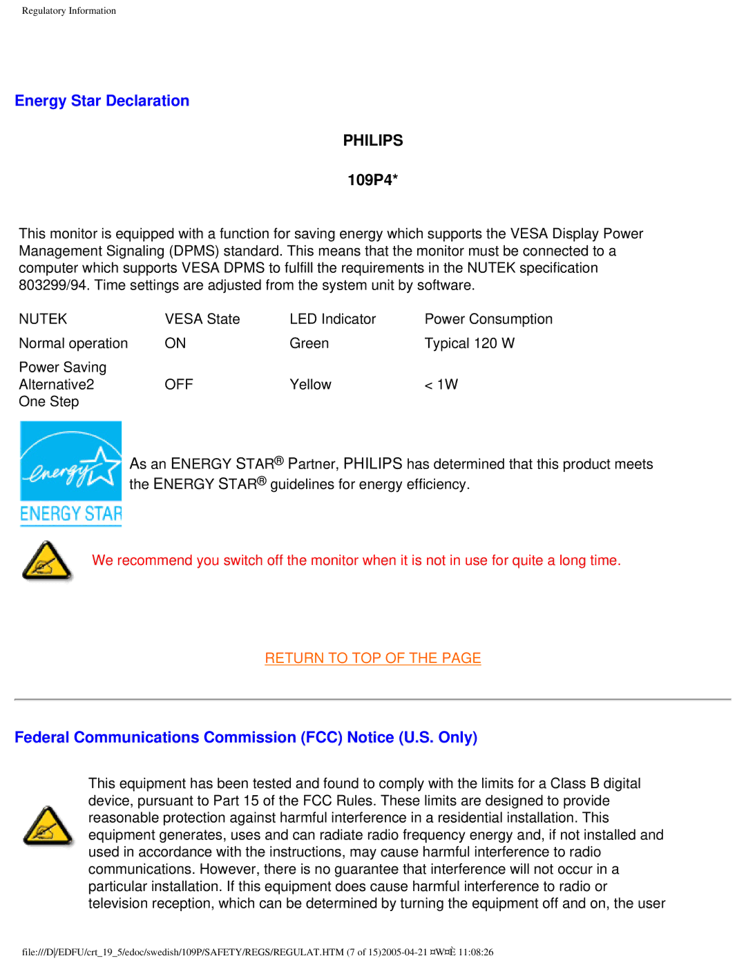 Philips 109P40 user manual Energy Star Declaration, Federal Communications Commission FCC Notice U.S. Only 