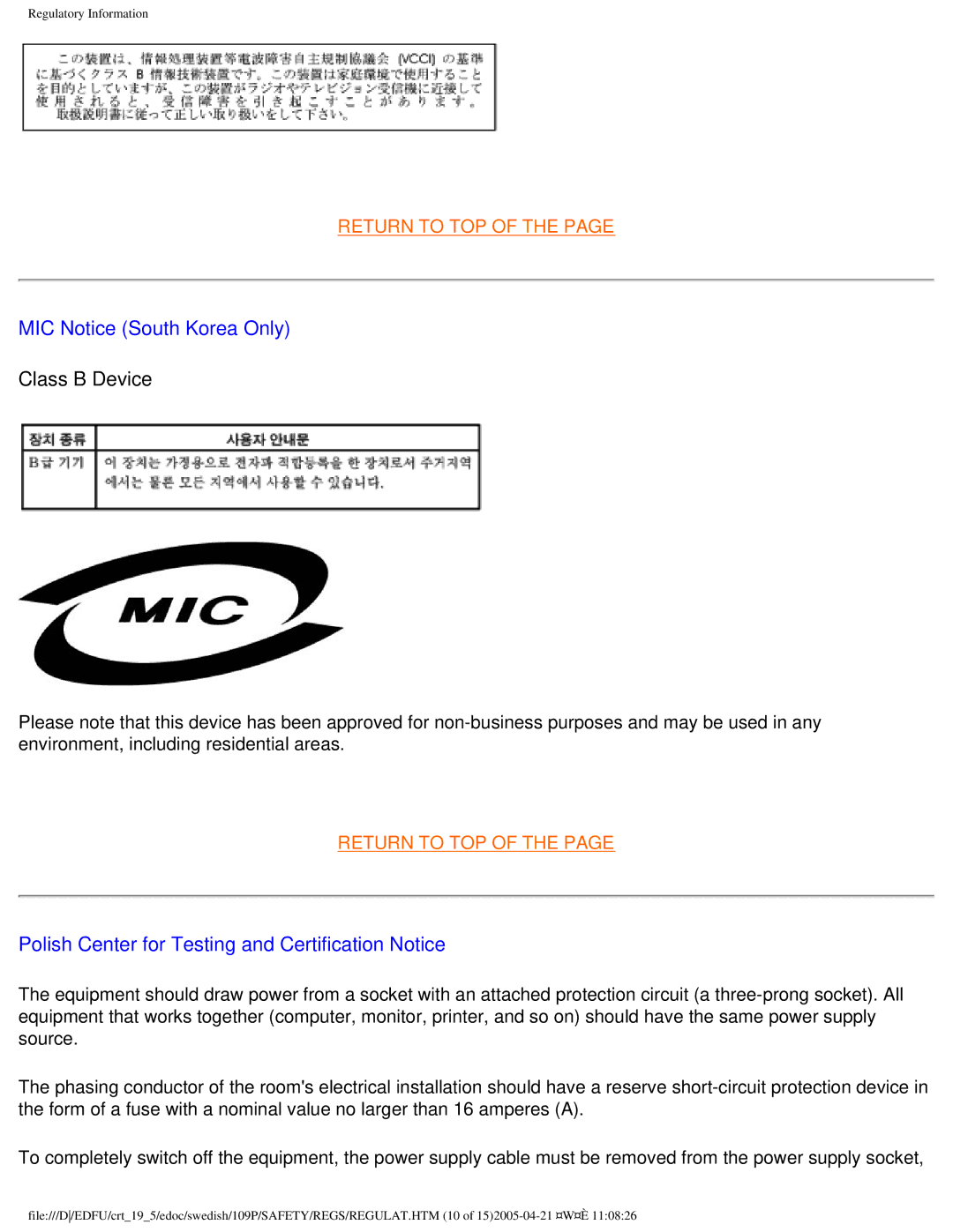 Philips 109P40 user manual MIC Notice South Korea Only, Polish Center for Testing and Certification Notice 