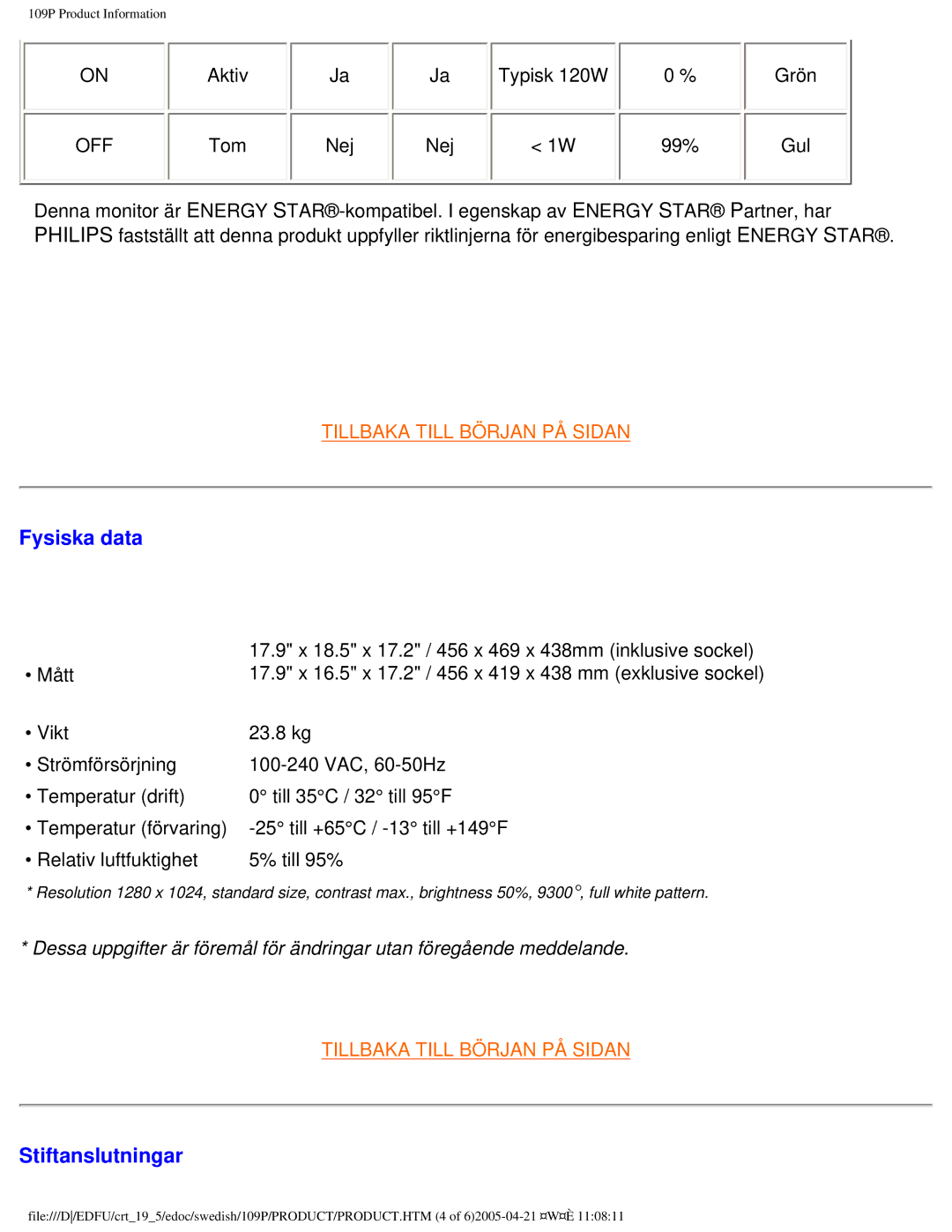 Philips 109P40 user manual Fysiska data 