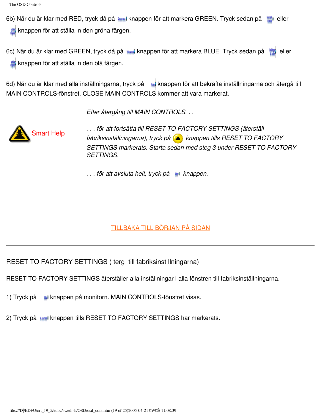 Philips 109P40 user manual Reset to Factory Settings återgå till fabriksinställningarna 