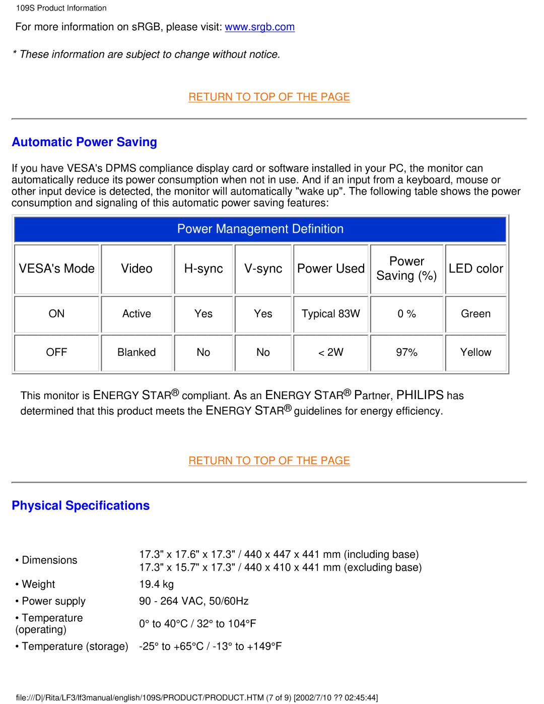 Philips 109S user manual Automatic Power Saving, Physical Specifications 