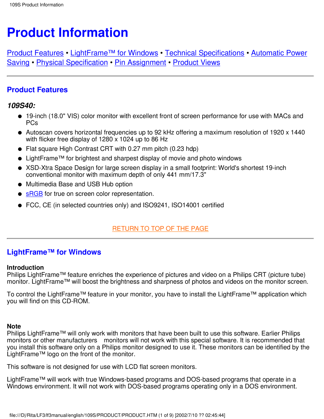 Philips 109S user manual Product Information, Product Features, LightFrame for Windows 