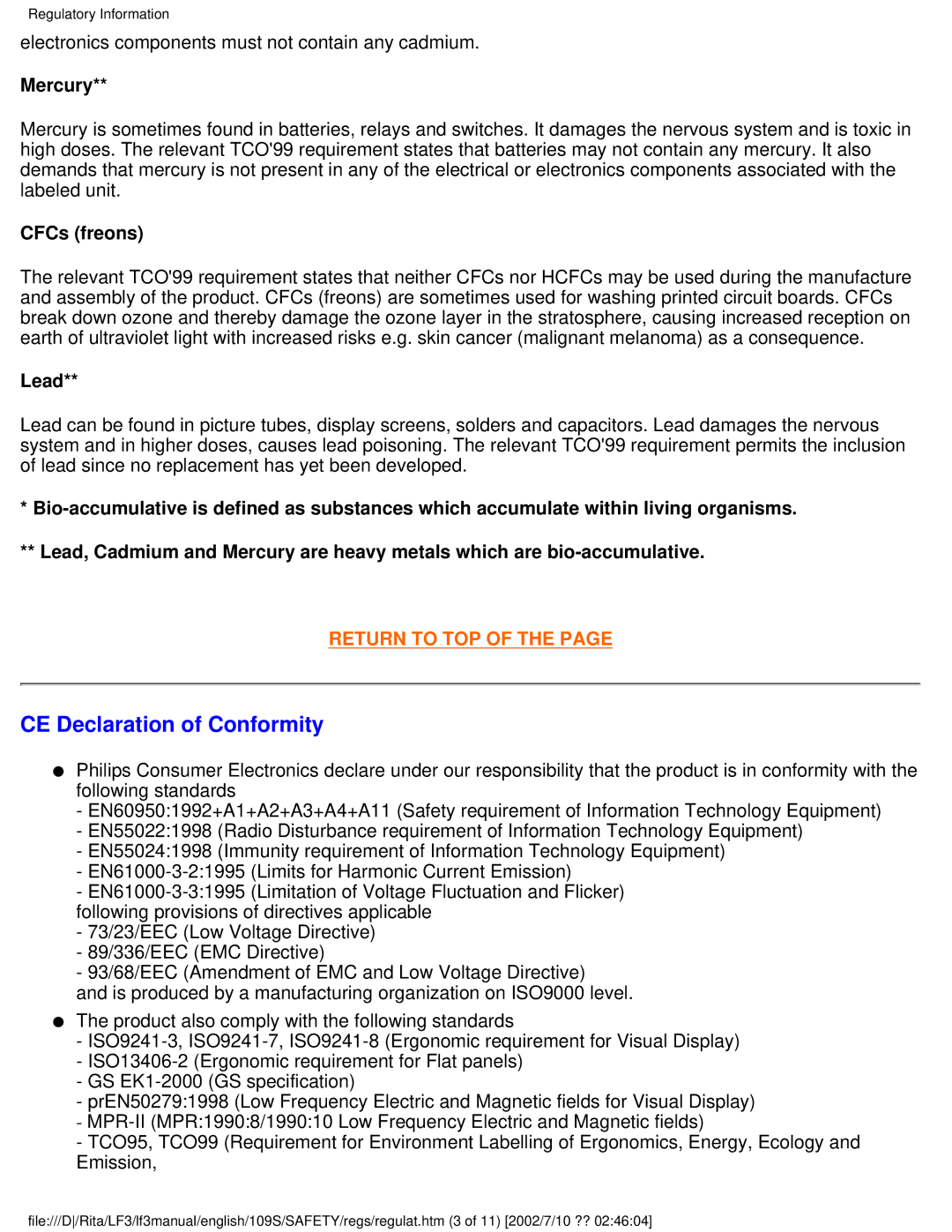 Philips 109S user manual CE Declaration of Conformity, Mercury 