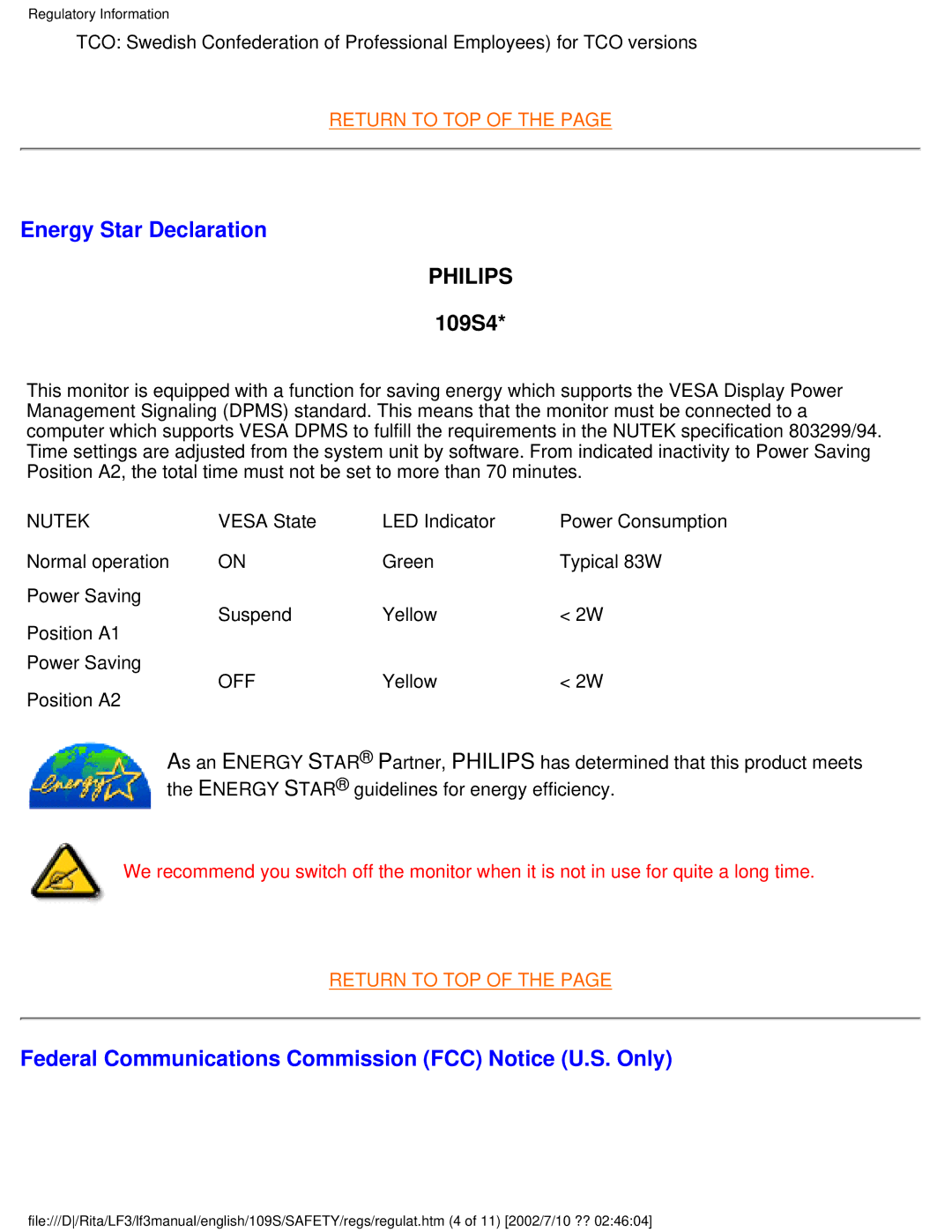 Philips 109S user manual Energy Star Declaration, Philips, Federal Communications Commission FCC Notice U.S. Only 