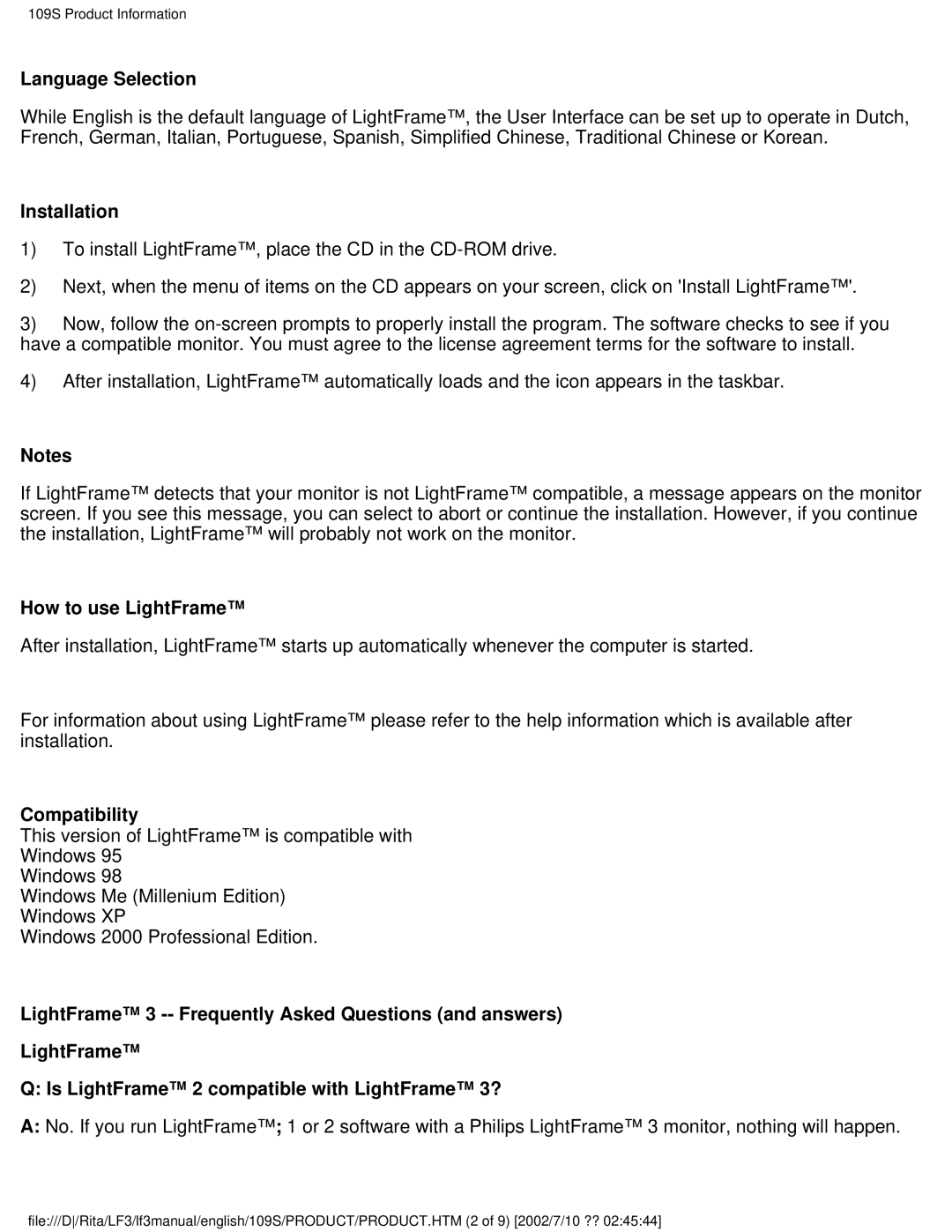 Philips 109S user manual Language Selection 