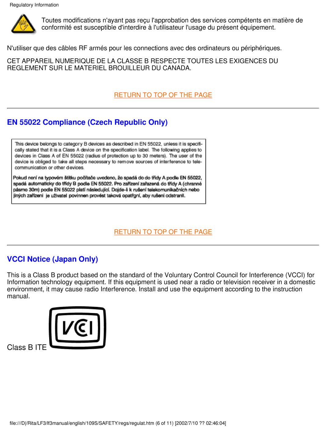 Philips 109S user manual EN 55022 Compliance Czech Republic Only, Vcci Notice Japan Only 