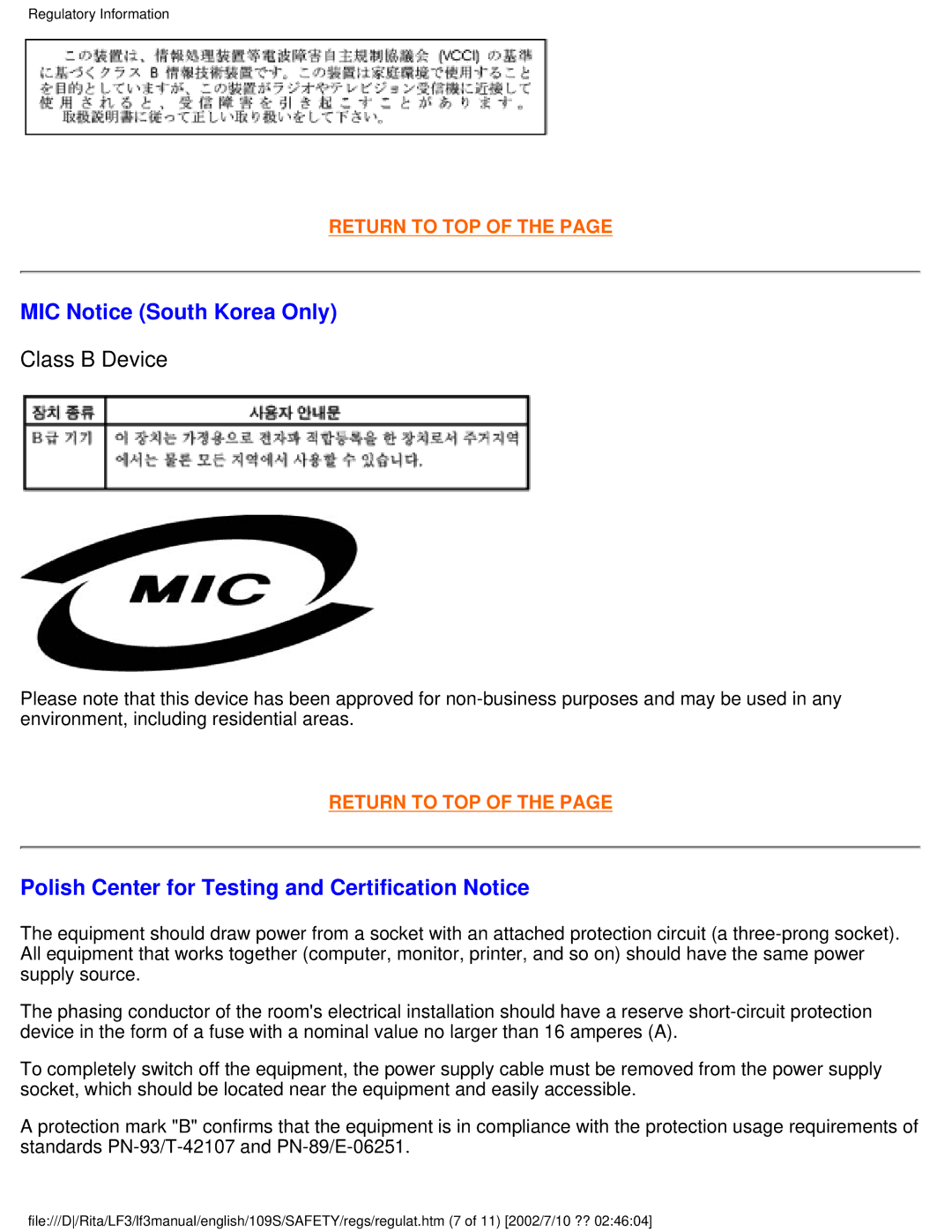 Philips 109S user manual MIC Notice South Korea Only, Polish Center for Testing and Certification Notice 