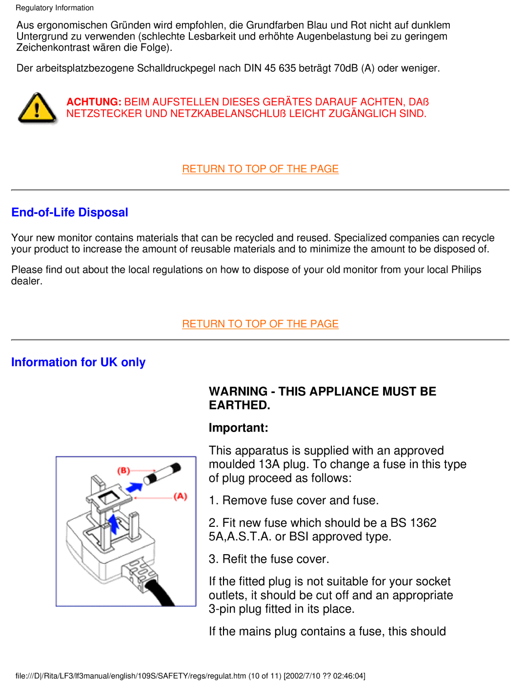 Philips 109S user manual End-of-Life Disposal, Information for UK only, Earthed 