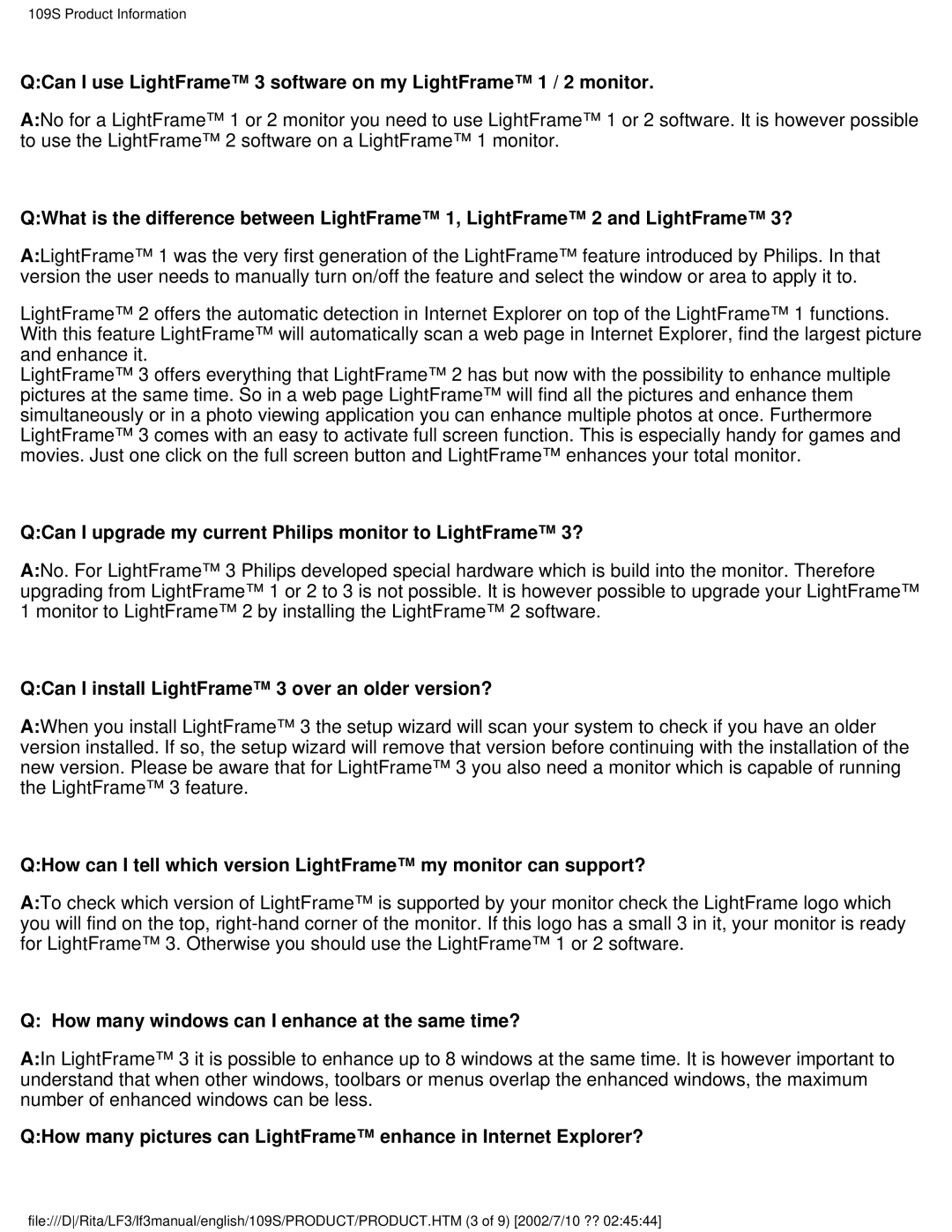 Philips 109S user manual QCan I upgrade my current Philips monitor to LightFrame 3? 