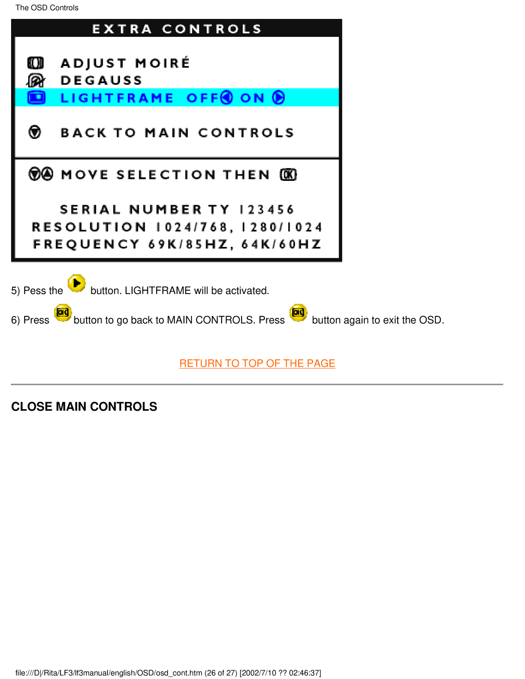 Philips 109S user manual Close Main Controls 