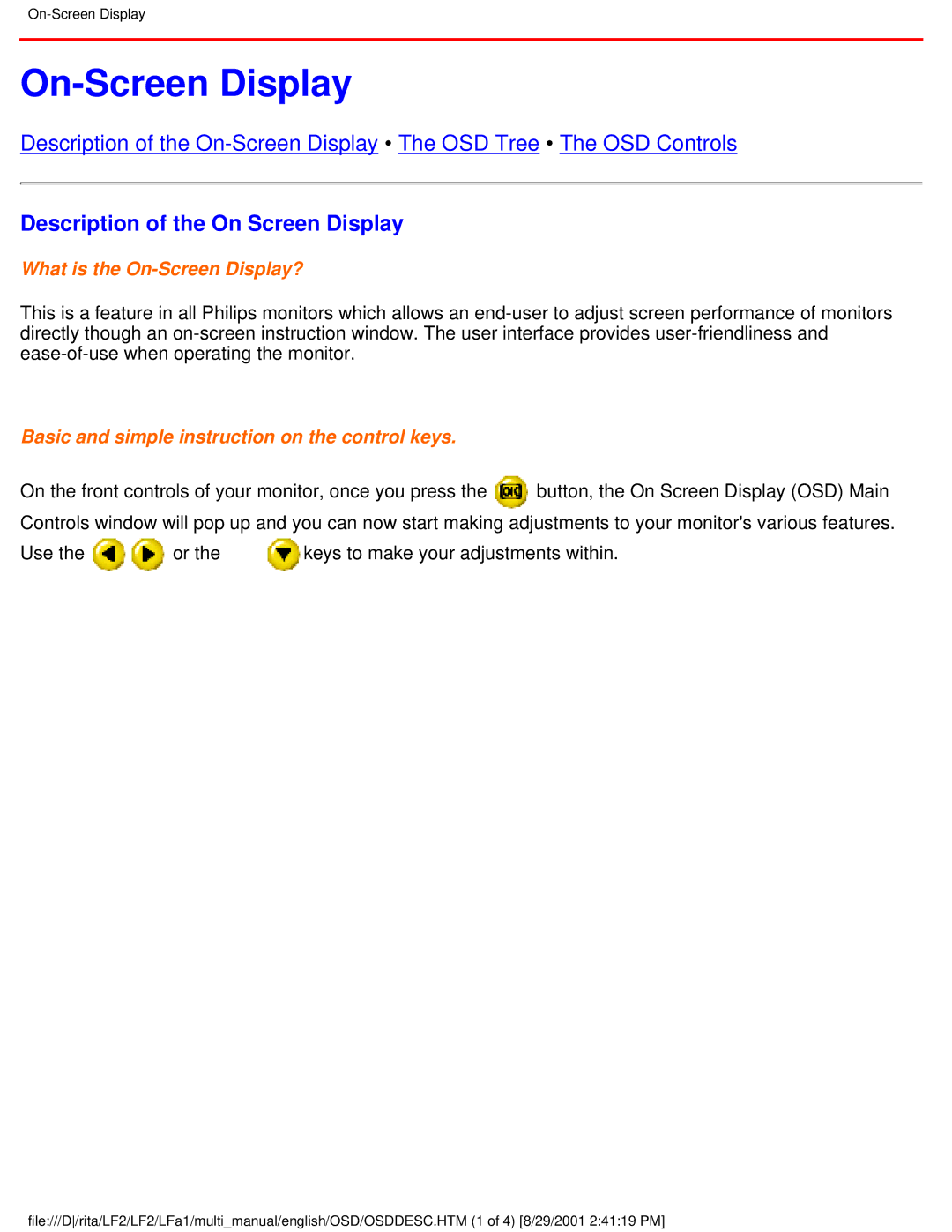 Philips 109S20, 107S20, 107S21, 105B20 user manual On-Screen Display, Description of the On Screen Display 