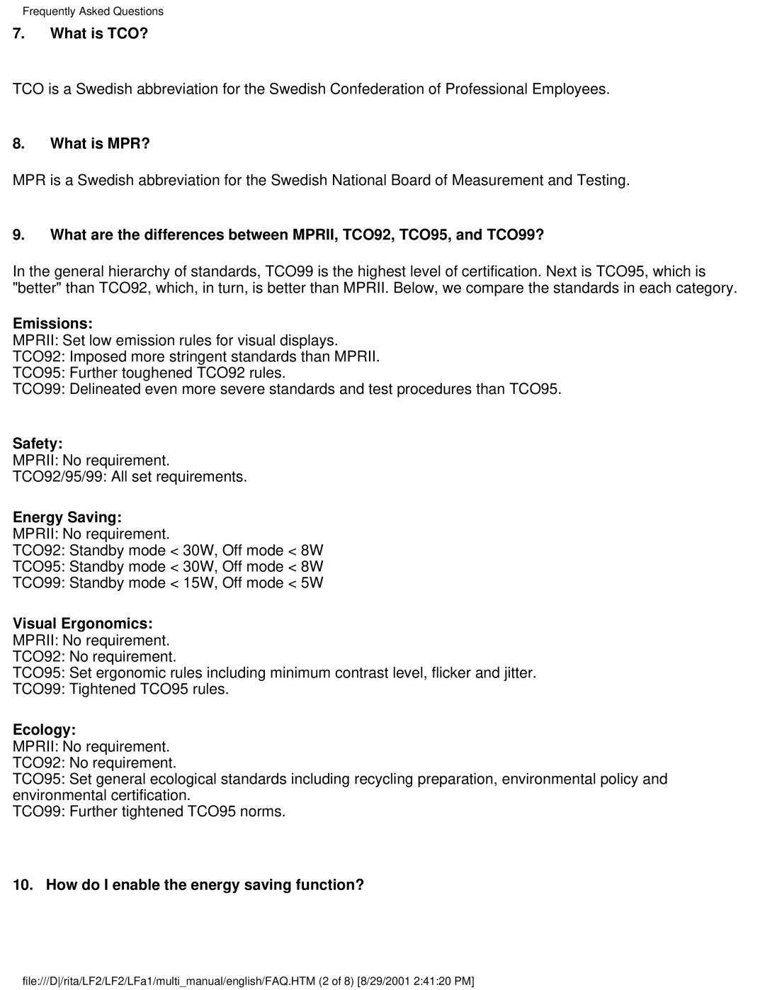 Philips 107S21, 109S20, 107S20 What is TCO?, What is MPR?, Emissions, Safety, Energy Saving, Visual Ergonomics, Ecology 