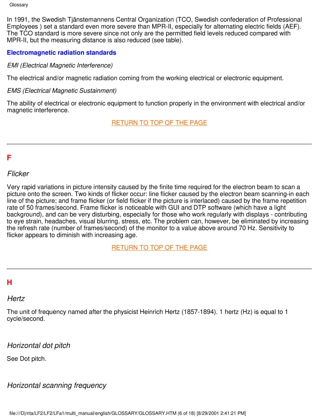 Philips 107S21, 109S20, 107S20, 105B20 user manual Flicker, Hertz, Horizontal dot pitch, Horizontal scanning frequency 