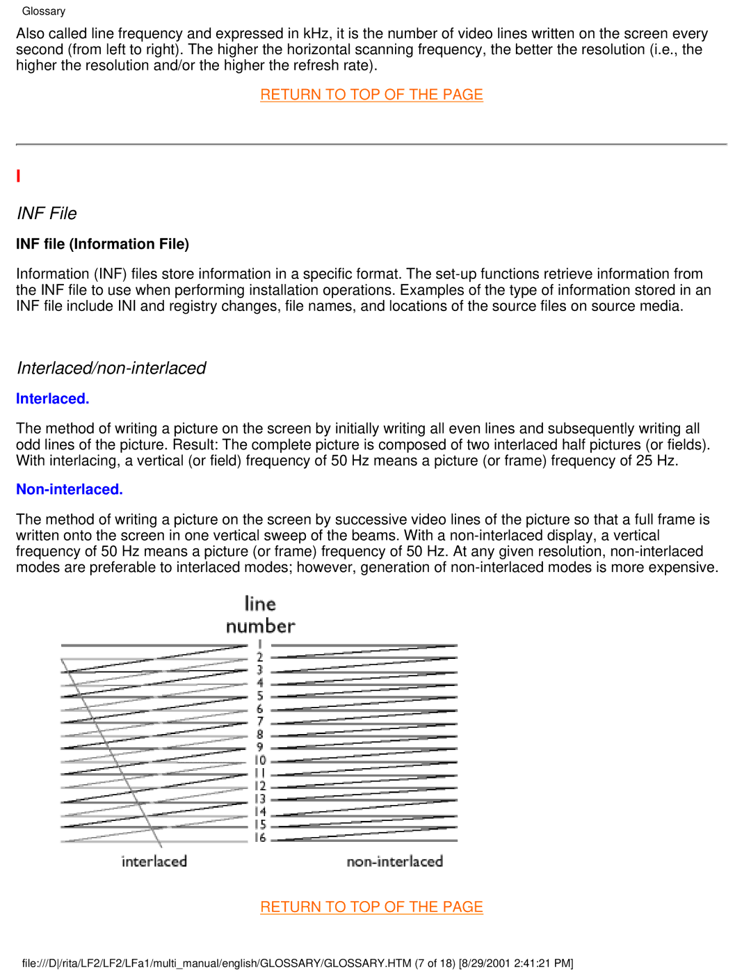 Philips 105B20, 109S20, 107S20, 107S21 user manual INF File, Interlaced/non-interlaced, INF file Information File 