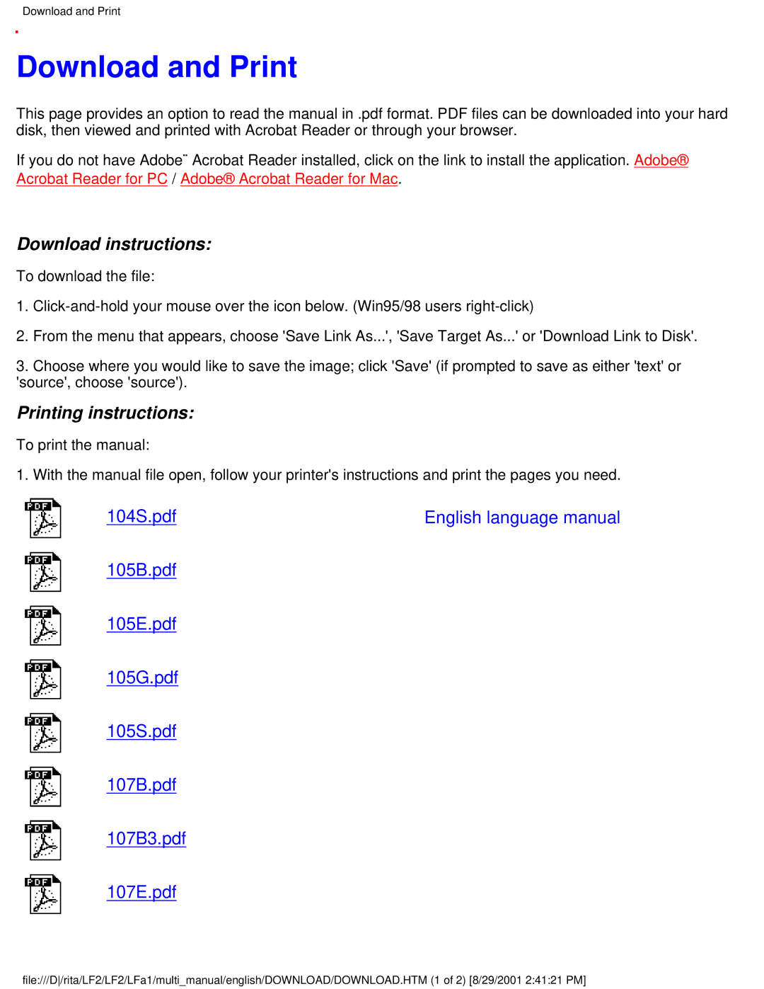 Philips 105B20, 109S20, 107S20, 107S21 user manual Download and Print, Download instructions 