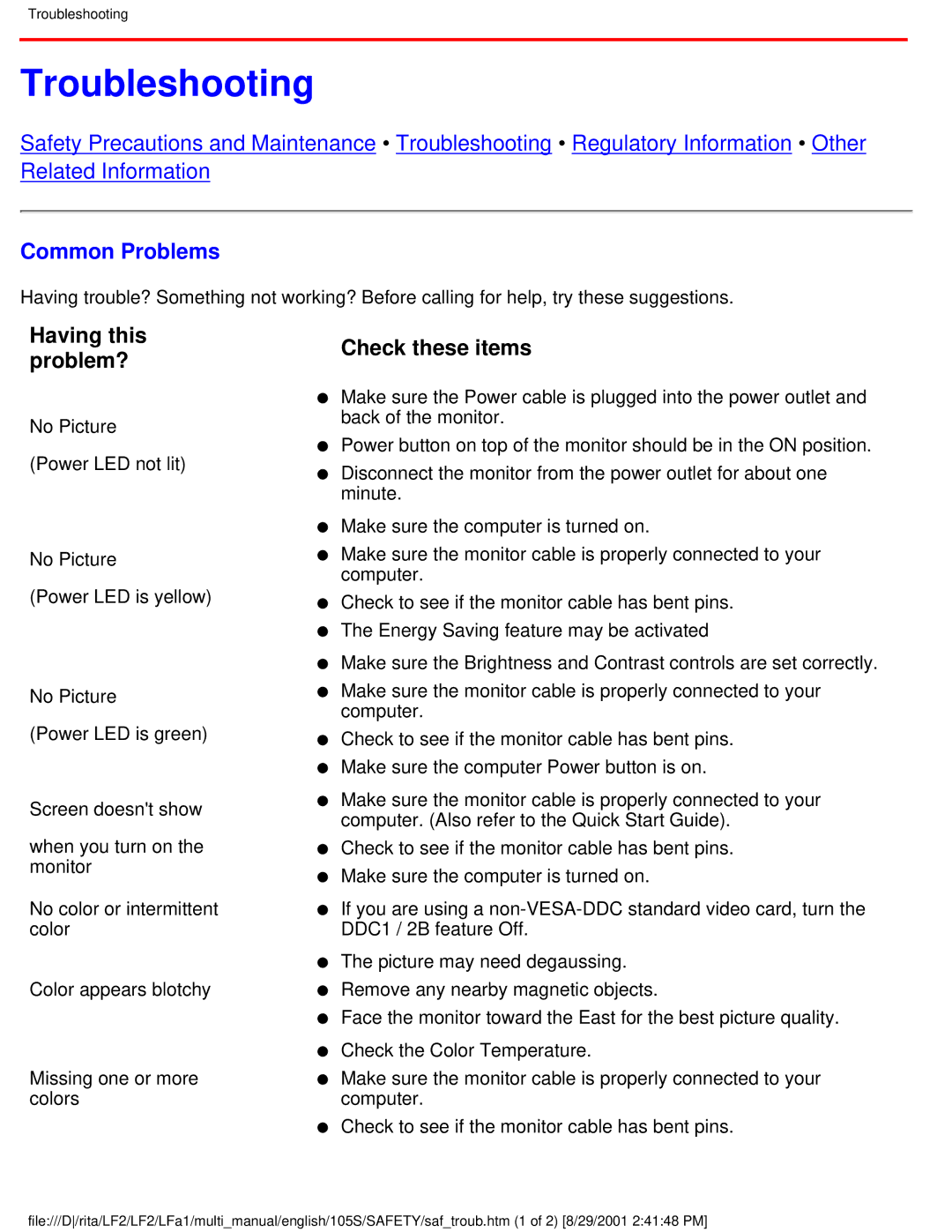 Philips 107S21, 109S20, 107S20, 105B20 user manual Troubleshooting, Common Problems 