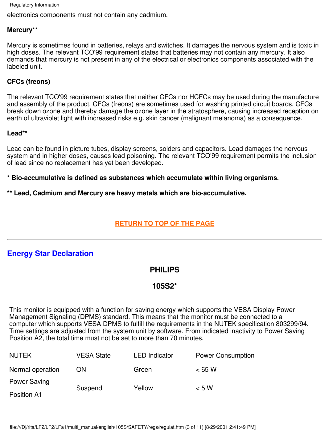 Philips 107S21, 109S20, 107S20, 105B20 user manual Energy Star Declaration, Philips, Mercury, CFCs freons, Lead 