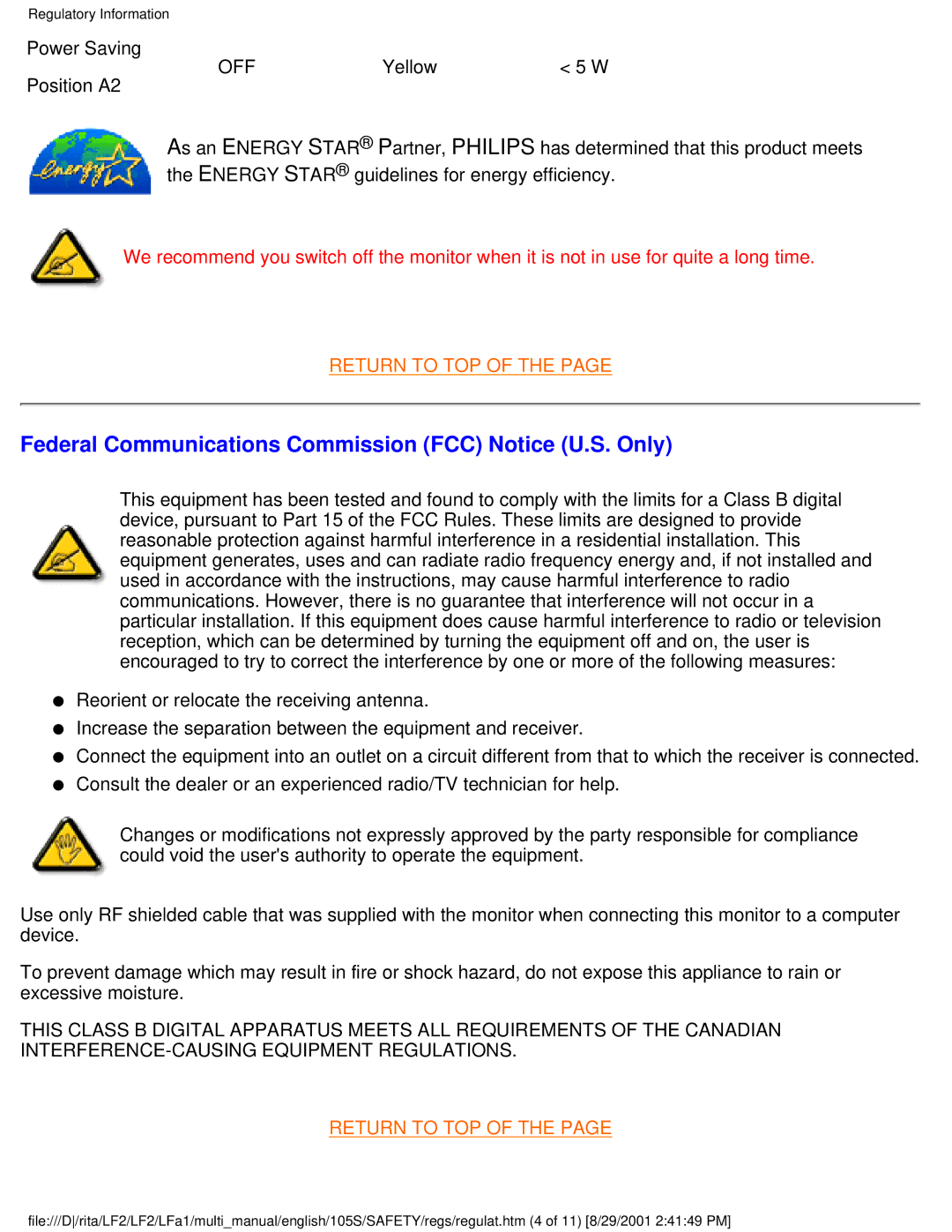 Philips 105B20, 109S20, 107S20, 107S21 user manual Federal Communications Commission FCC Notice U.S. Only 