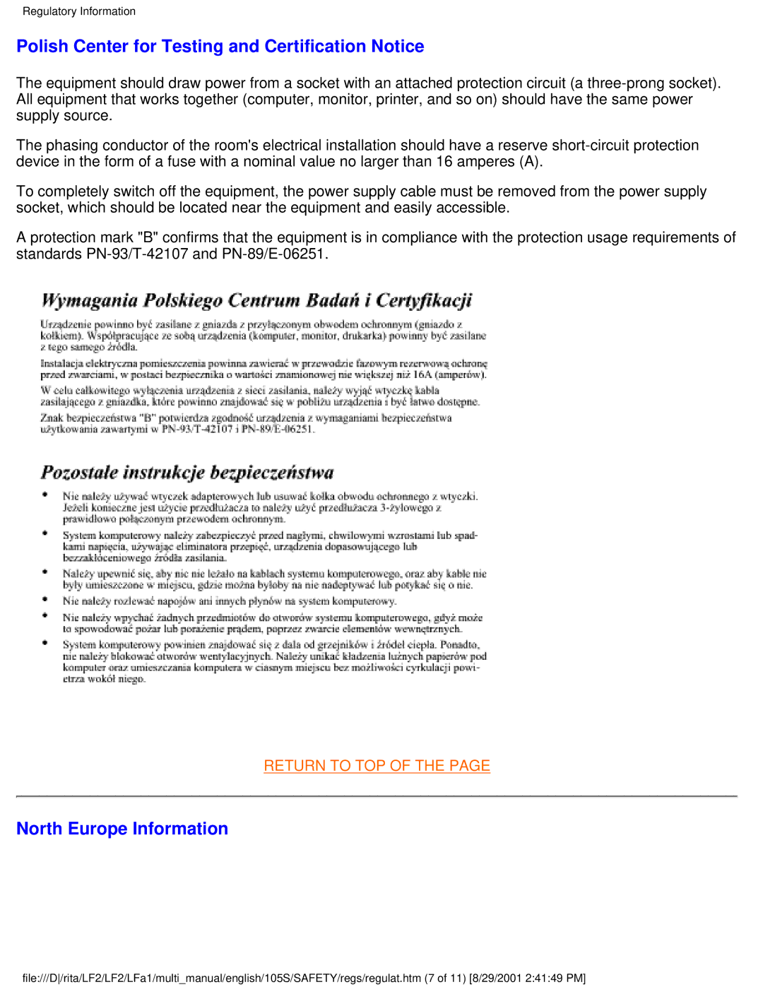 Philips 107S21, 109S20, 107S20, 105B20 Polish Center for Testing and Certification Notice, North Europe Information 