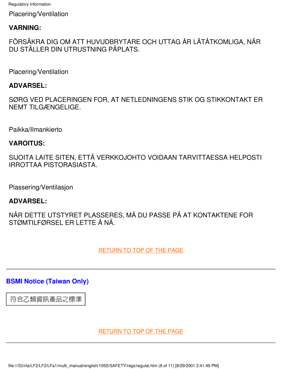 Philips 105B20, 109S20, 107S20, 107S21 user manual Varning, Varoitus, Bsmi Notice Taiwan Only 