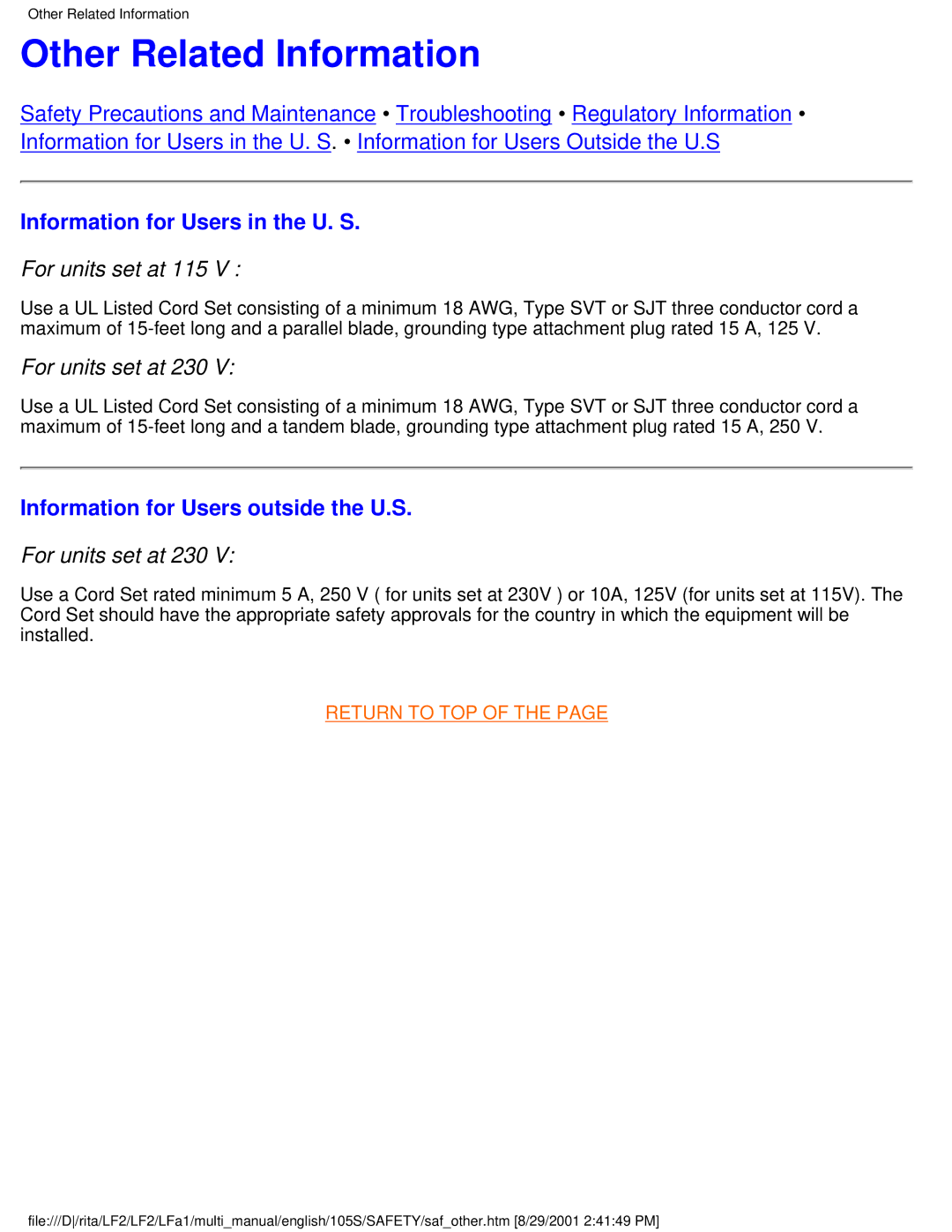 Philips 105B20 Other Related Information, Information for Users in the U. S, For units set at 115, For units set at 230 