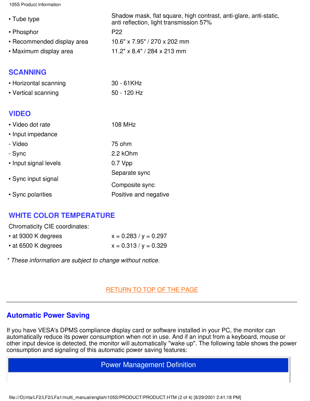 Philips 107S21, 109S20, 107S20, 105B20 user manual Scanning, Automatic Power Saving 