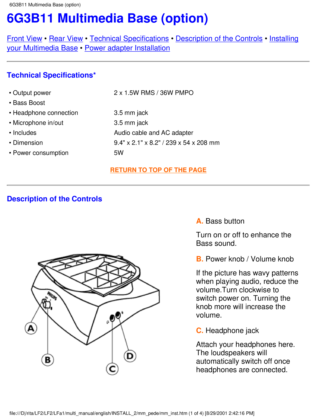 Philips 109S20, 107S20, 107S21, 105B20 user manual 6G3B11 Multimedia Base option, Description of the Controls 