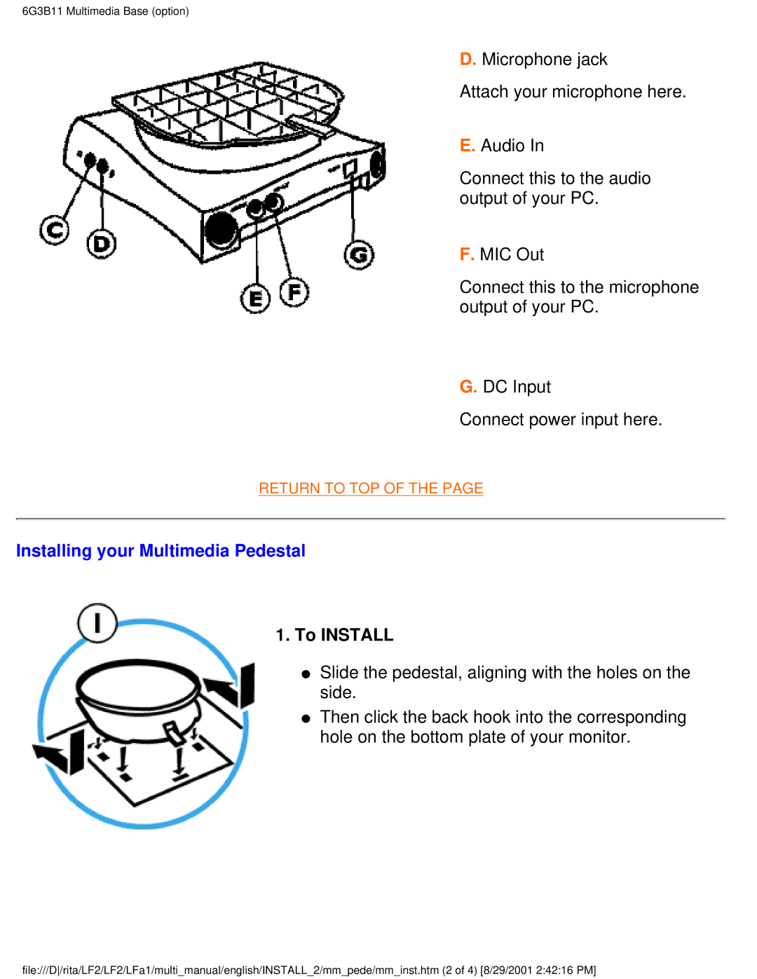 Philips 107S20, 109S20, 107S21, 105B20 user manual Installing your Multimedia Pedestal, To Install 