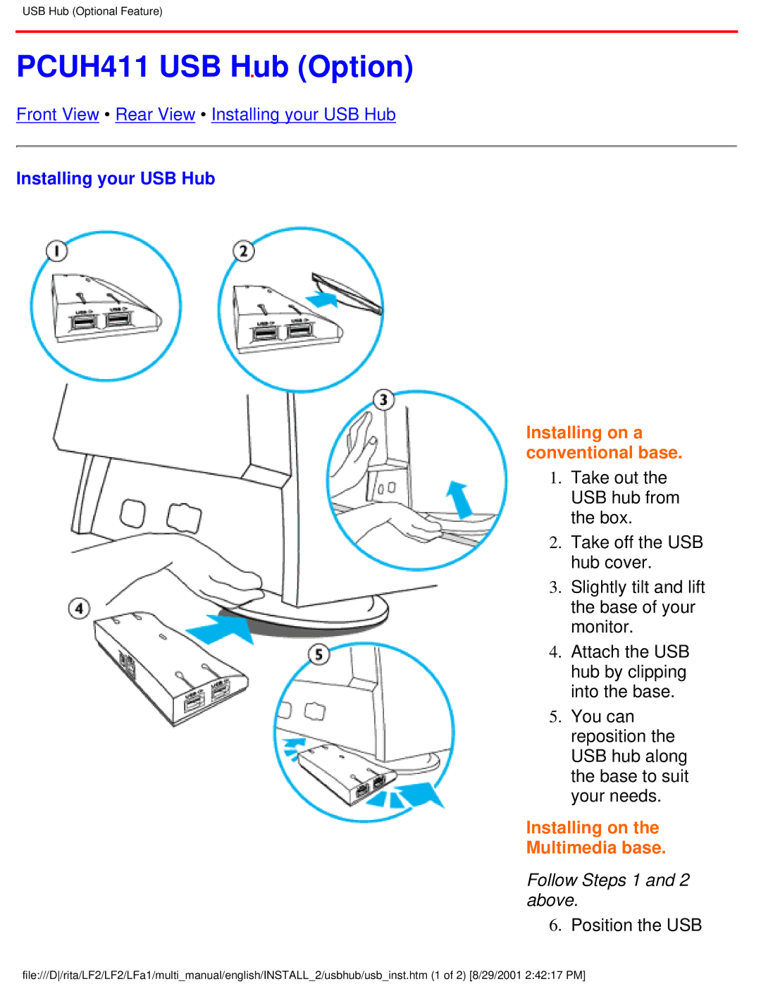 Philips 109S20, 107S20, 107S21, 105B20 user manual PCUH411 USB Hub Option, Installing your USB Hub, Follow Steps 1 and 2 above 