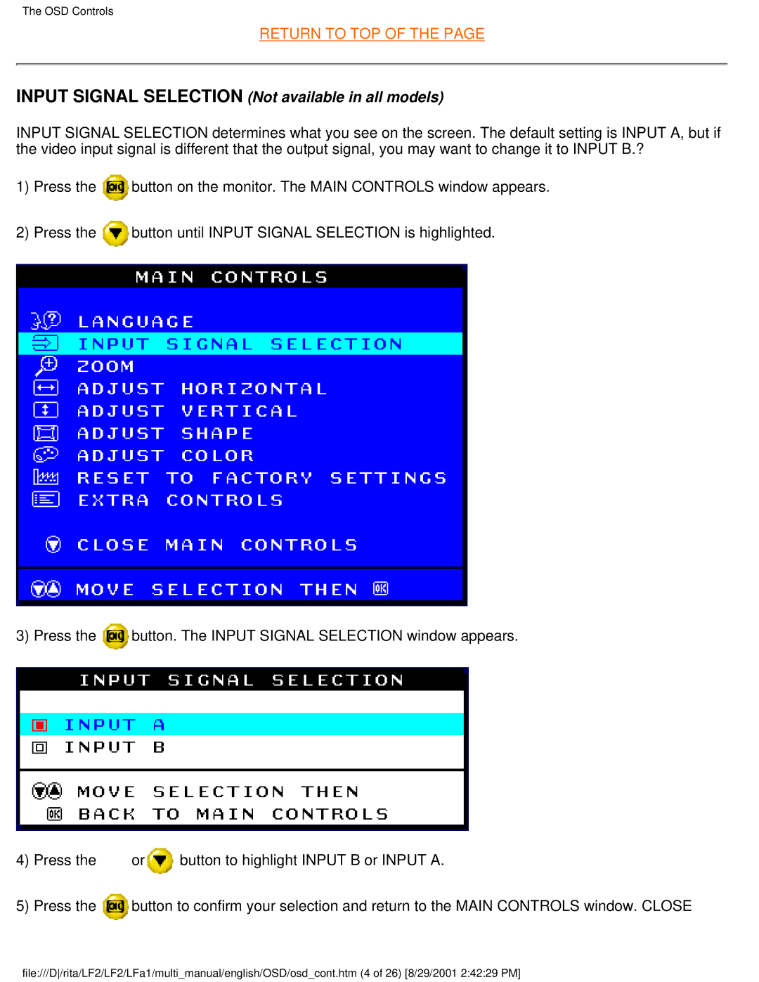 Philips 107S20, 109S20, 107S21, 105B20 user manual Input Signal Selection Not available in all models 