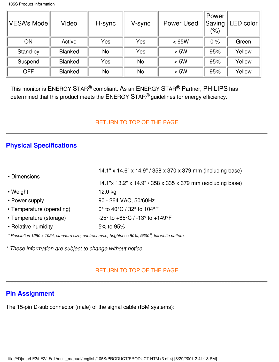 Philips 105B20, 109S20, 107S20, 107S21 user manual Physical Specifications, Pin Assignment 