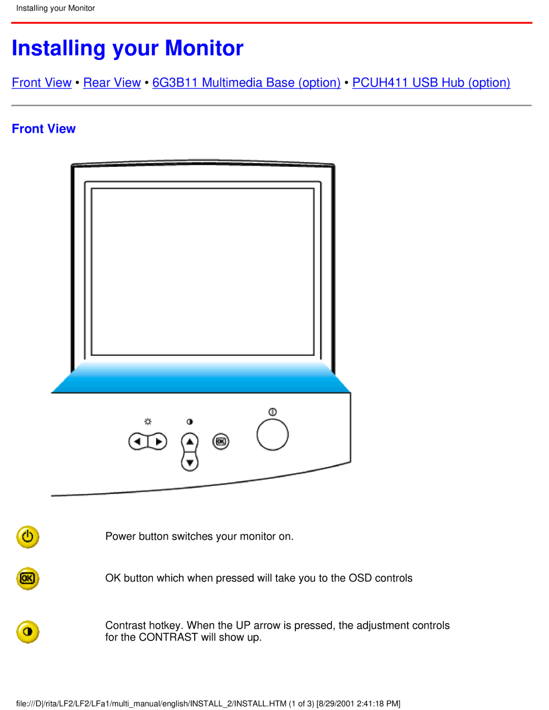 Philips 107S20, 109S20, 107S21, 105B20 user manual Installing your Monitor, Front View 