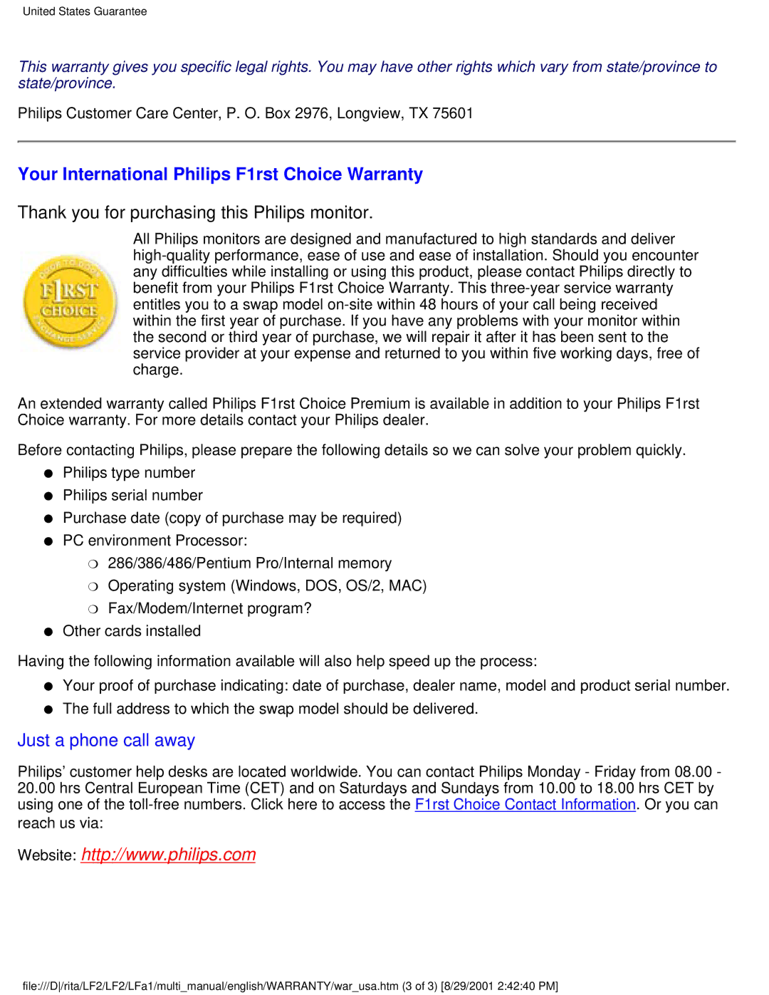 Philips 109S20, 107S20, 107S21, 105B20 user manual Philips Customer Care Center, P. O. Box 2976, Longview, TX 