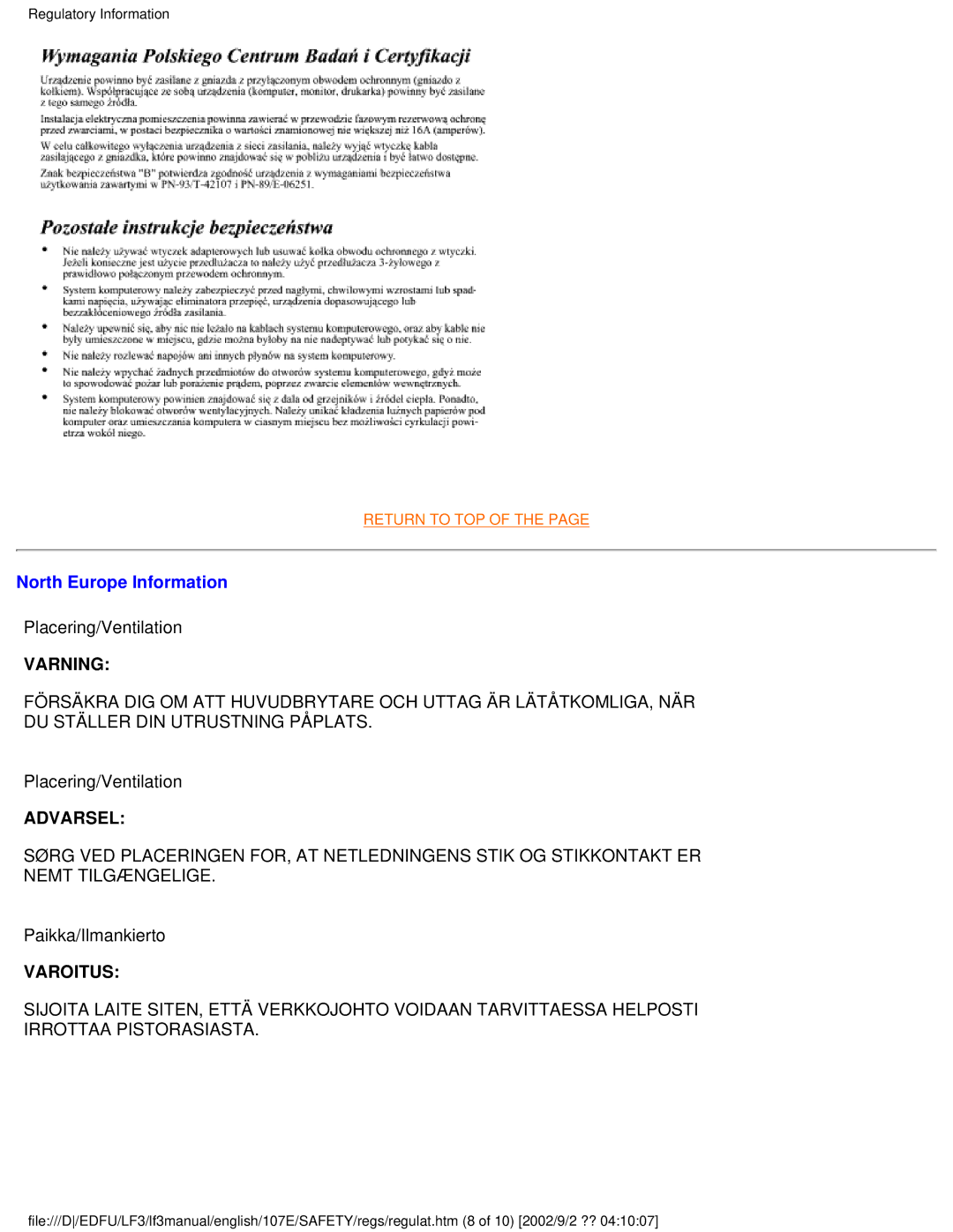 Philips 107S4, 109S4, 107T4, 109B4, 107B4, 107E43, 107F4, 105B2 user manual Varning 